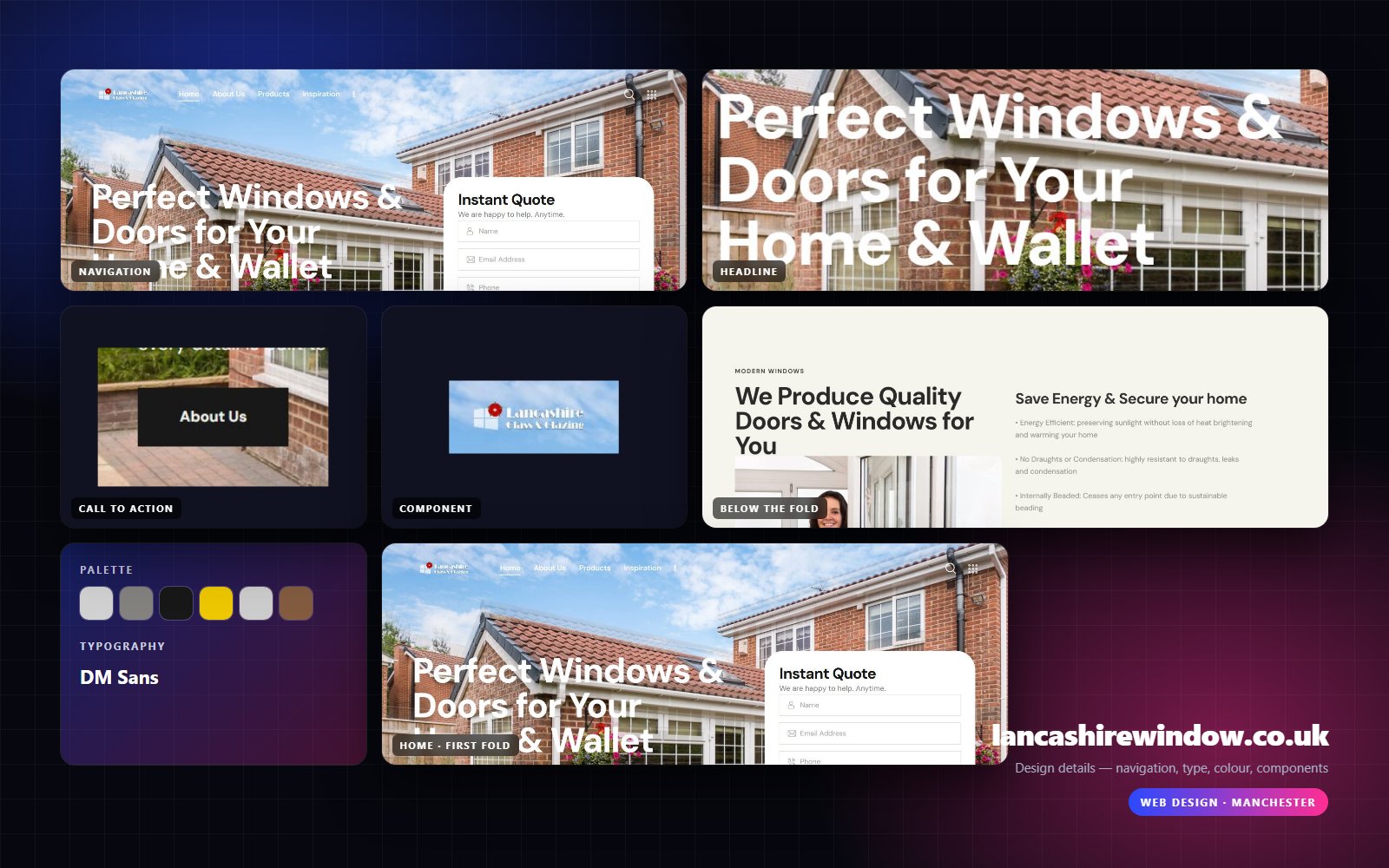 Design details from lancashirewindow.co.uk — navigation, headline, buttons, palette