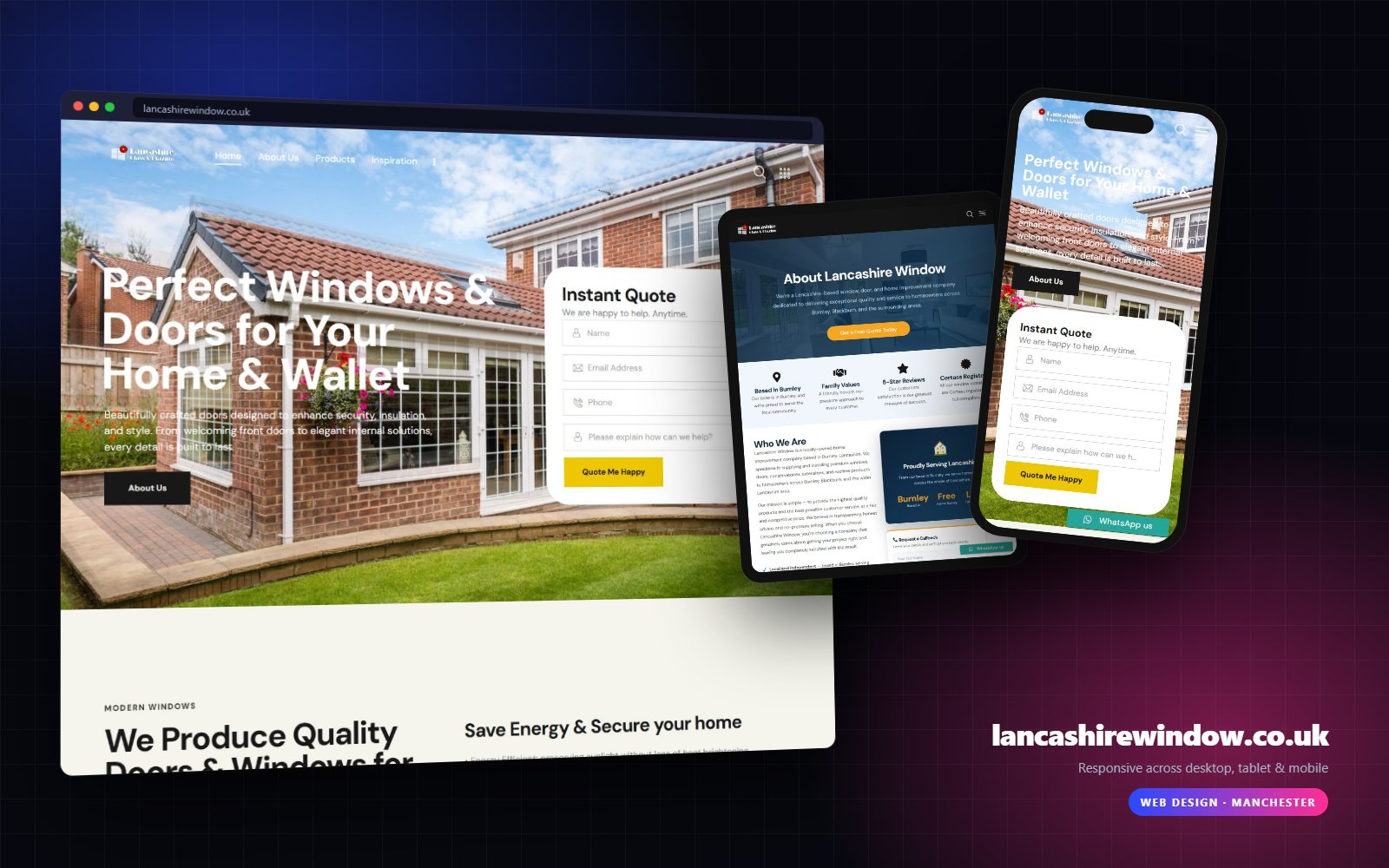 lancashirewindow.co.uk shown on desktop, tablet and mobile
