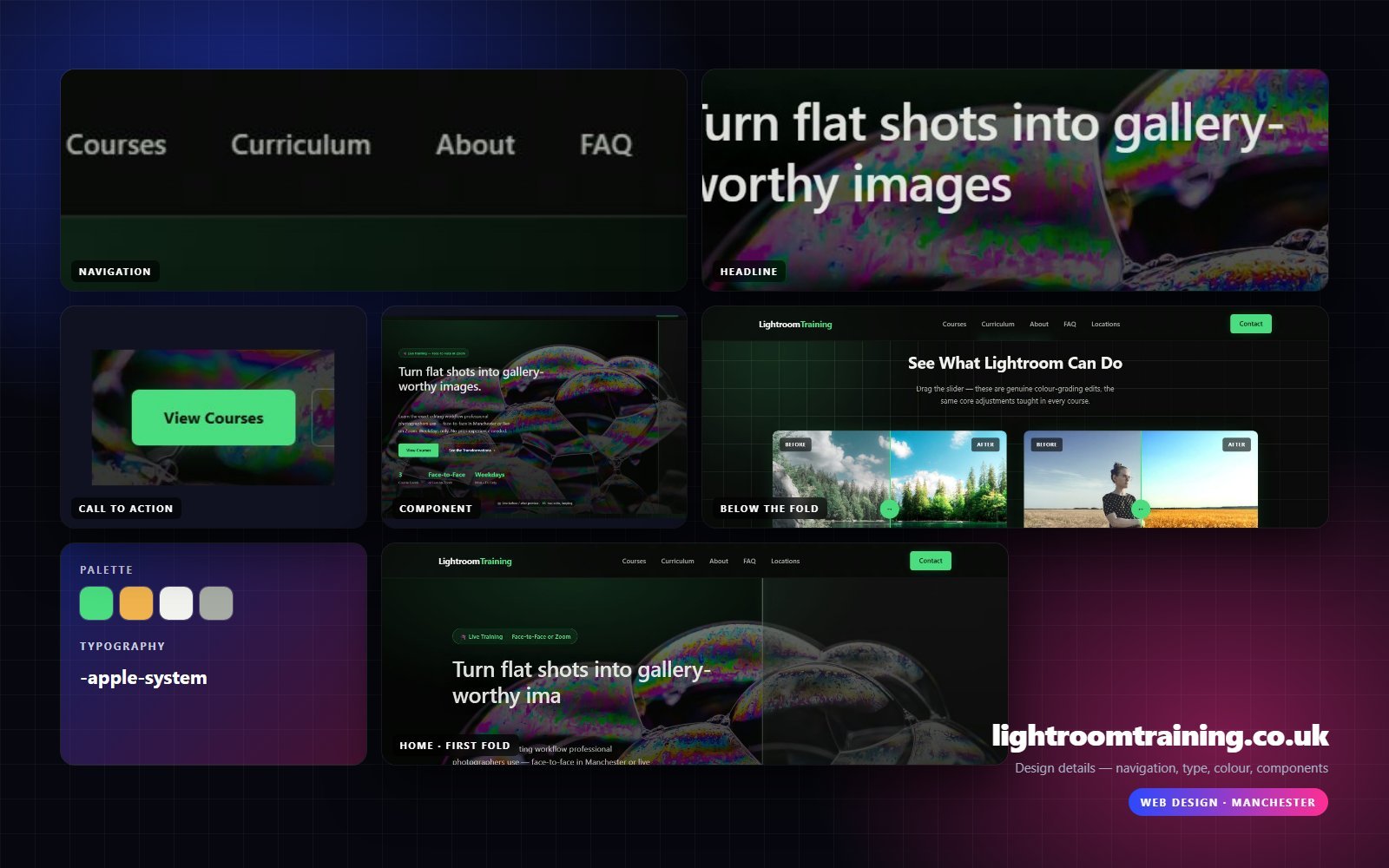 Design details from lightroomtraining.co.uk — navigation, headline, buttons, palette