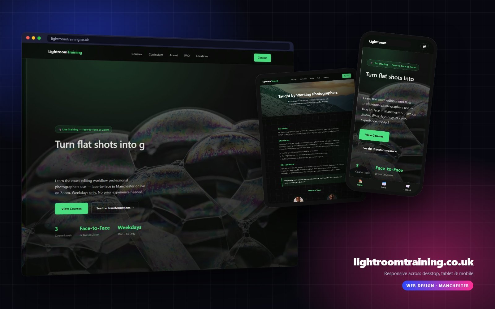 lightroomtraining.co.uk shown on desktop, tablet and mobile