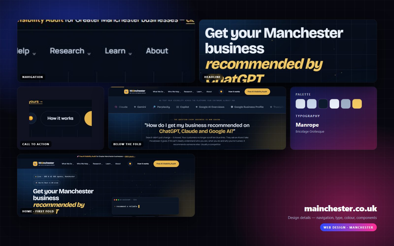 Design details from mainchester.co.uk — navigation, headline, buttons, palette