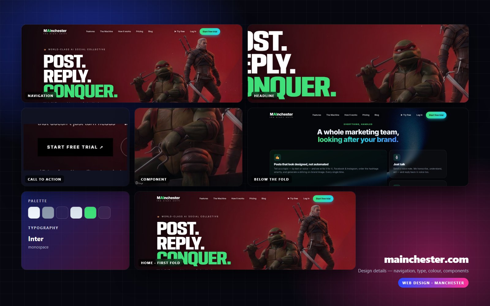 Design details from mainchester.com — navigation, headline, buttons, palette