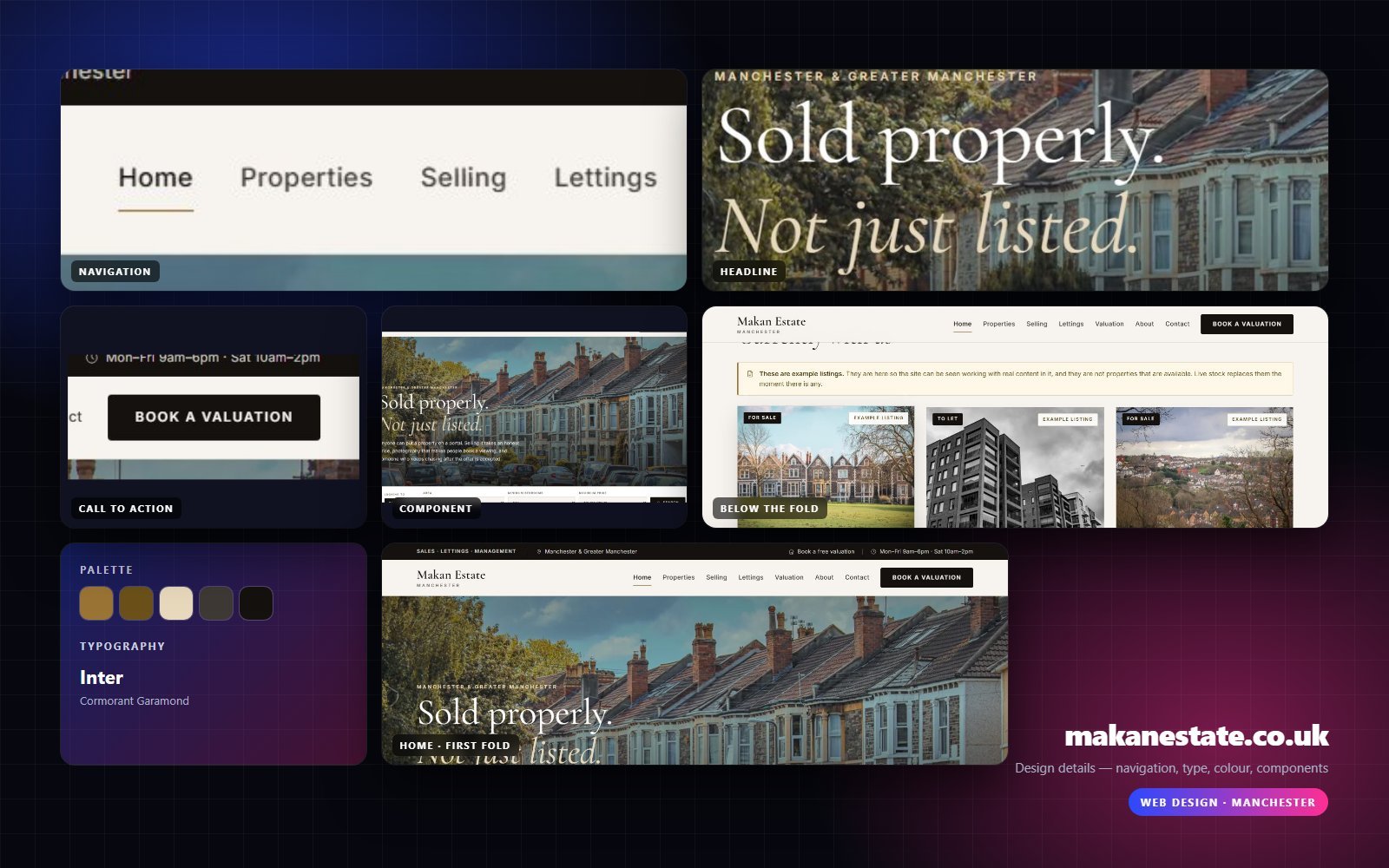 Design details from makanestate.co.uk — navigation, headline, buttons, palette