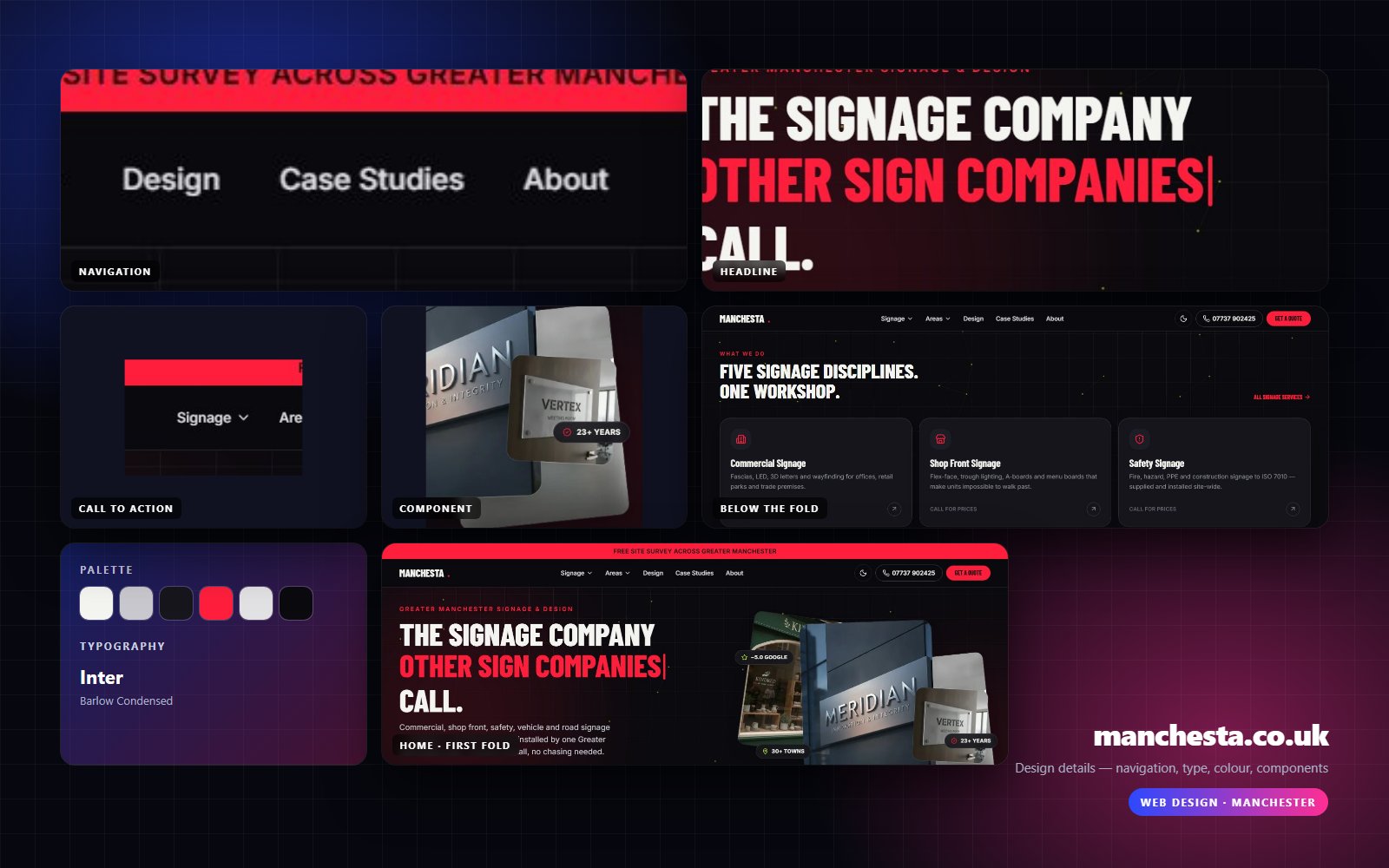 Design details from manchesta.co.uk — navigation, headline, buttons, palette