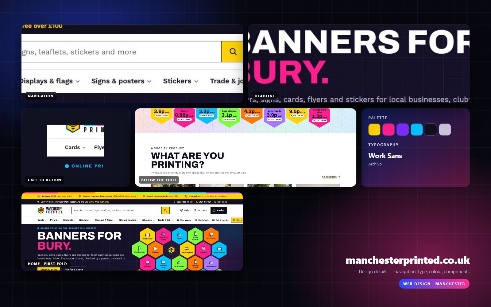 Design details from manchesterprinted.co.uk — navigation, headline, buttons, palette