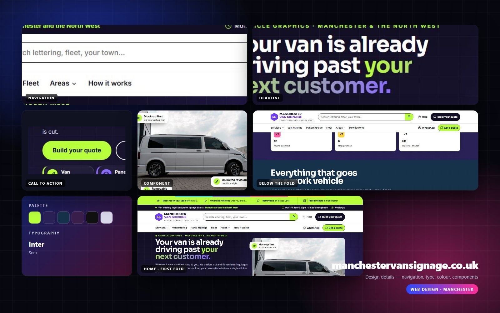 Design details from manchestervansignage.co.uk — navigation, headline, buttons, palette