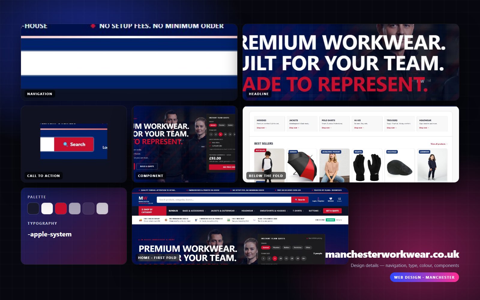 Design details from manchesterworkwear.co.uk — navigation, headline, buttons, palette