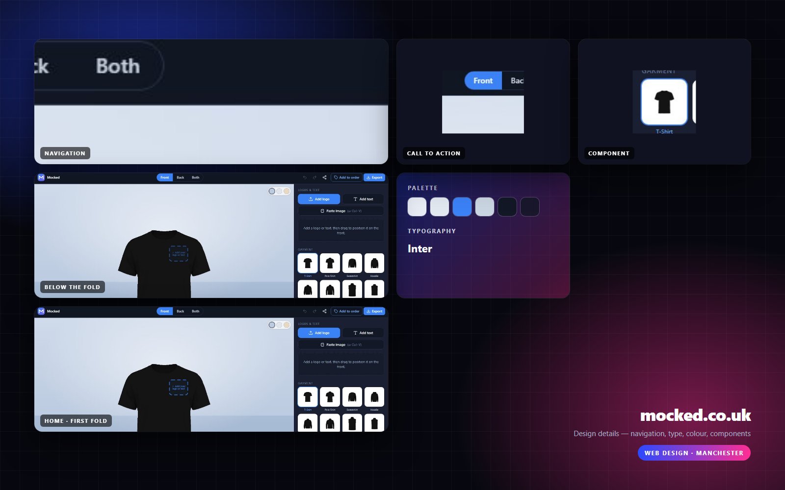 Design details from mocked.co.uk — navigation, headline, buttons, palette