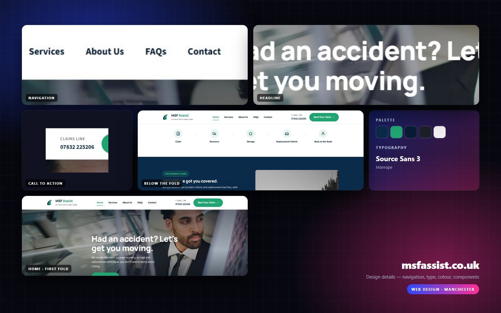Design details from msfassist.co.uk — navigation, headline, buttons, palette