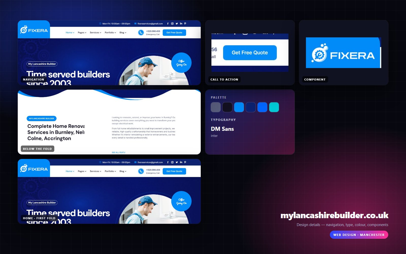 Design details from mylancashirebuilder.co.uk — navigation, headline, buttons, palette
