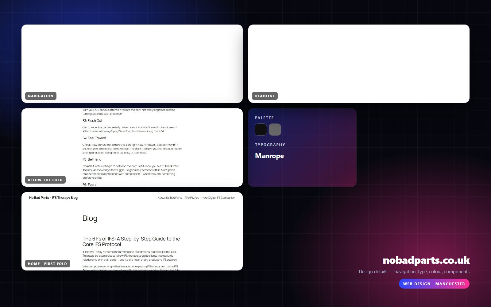 Design details from nobadparts.co.uk — navigation, headline, buttons, palette