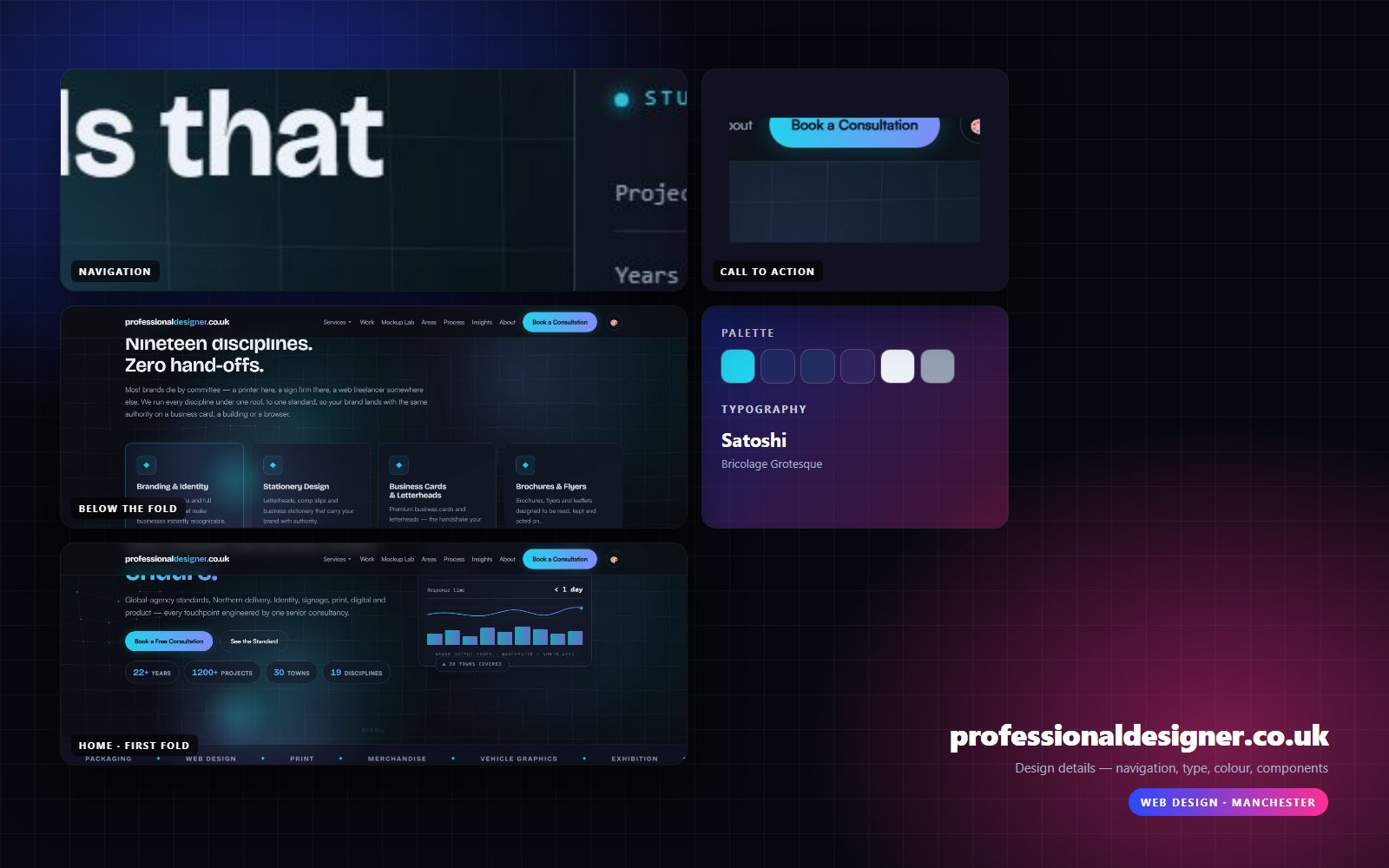 Design details from professionaldesigner.co.uk — navigation, headline, buttons, palette