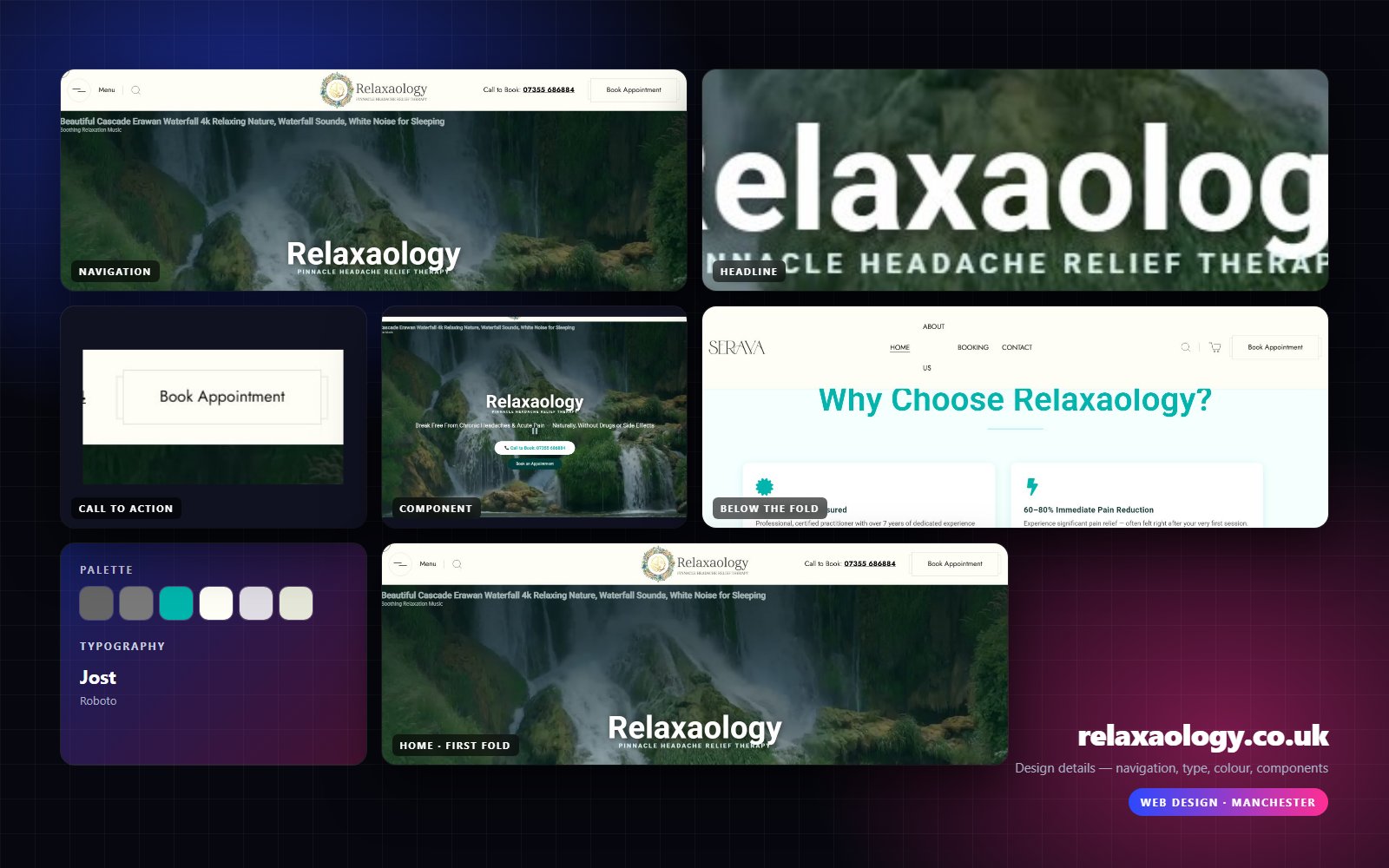 Design details from relaxaology.co.uk — navigation, headline, buttons, palette