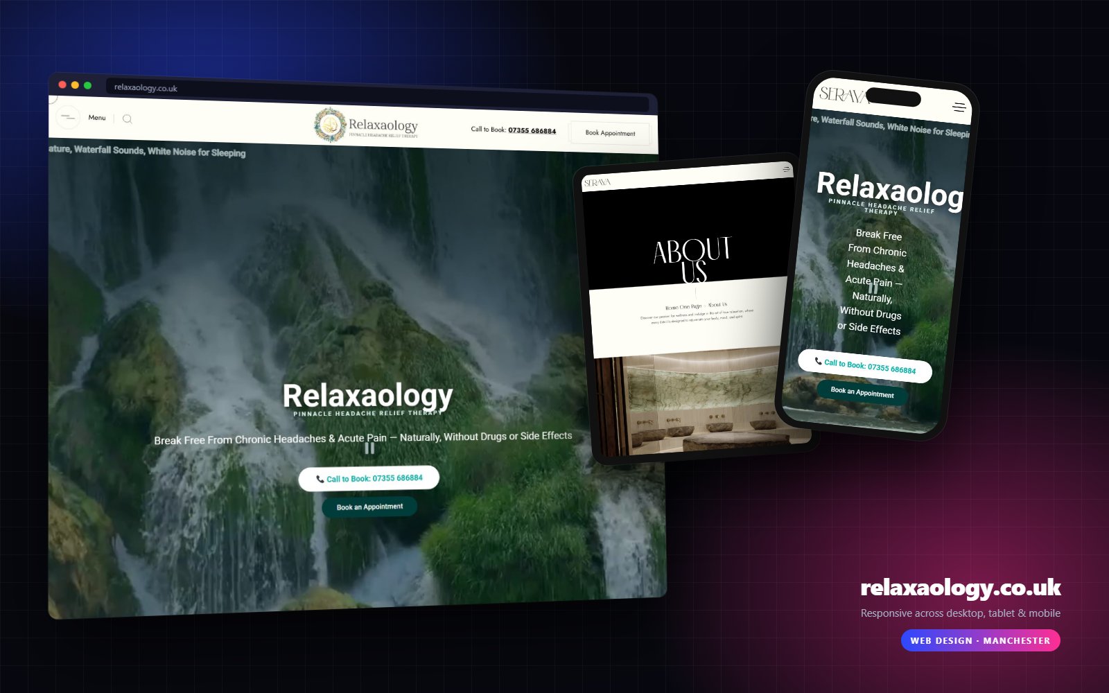 relaxaology.co.uk shown on desktop, tablet and mobile