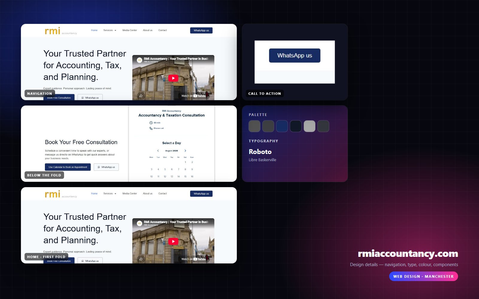Design details from rmiaccountancy.com — navigation, headline, buttons, palette