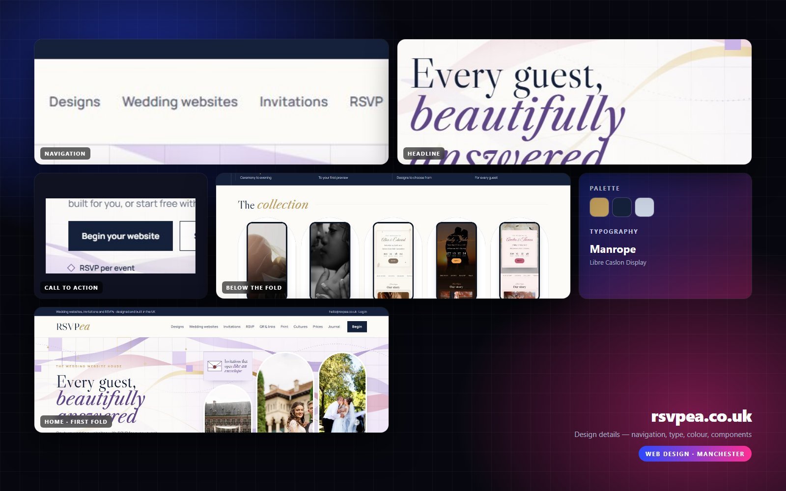 Design details from rsvpea.co.uk — navigation, headline, buttons, palette