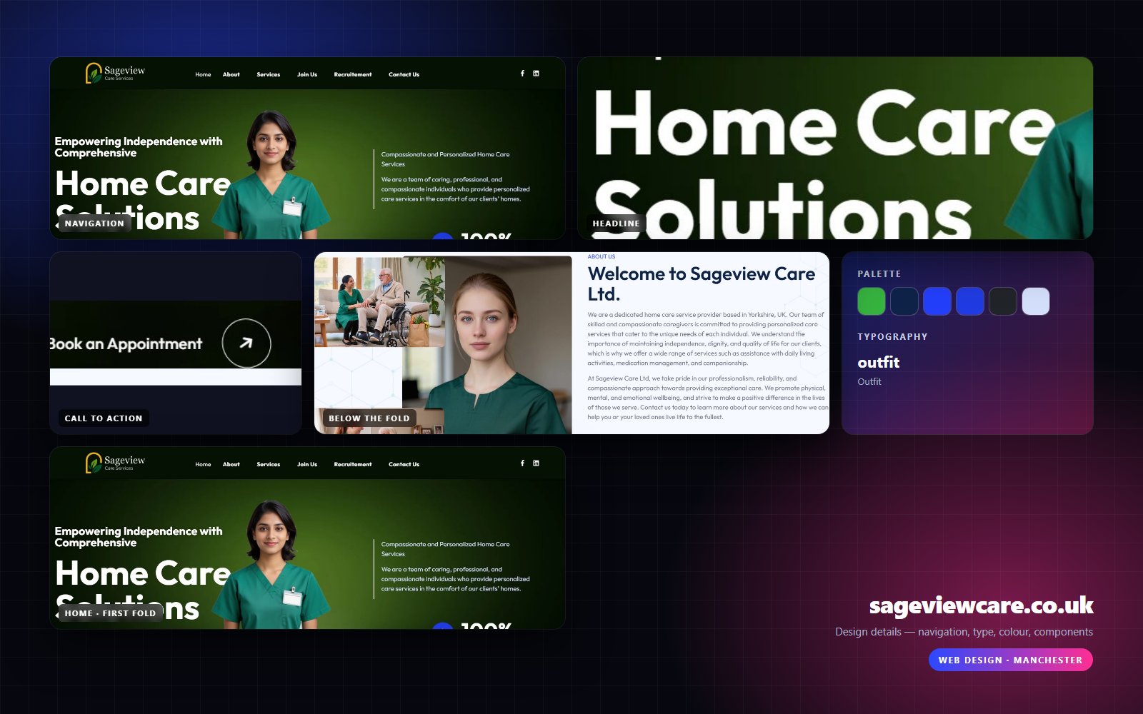Design details from sageviewcare.co.uk — navigation, headline, buttons, palette