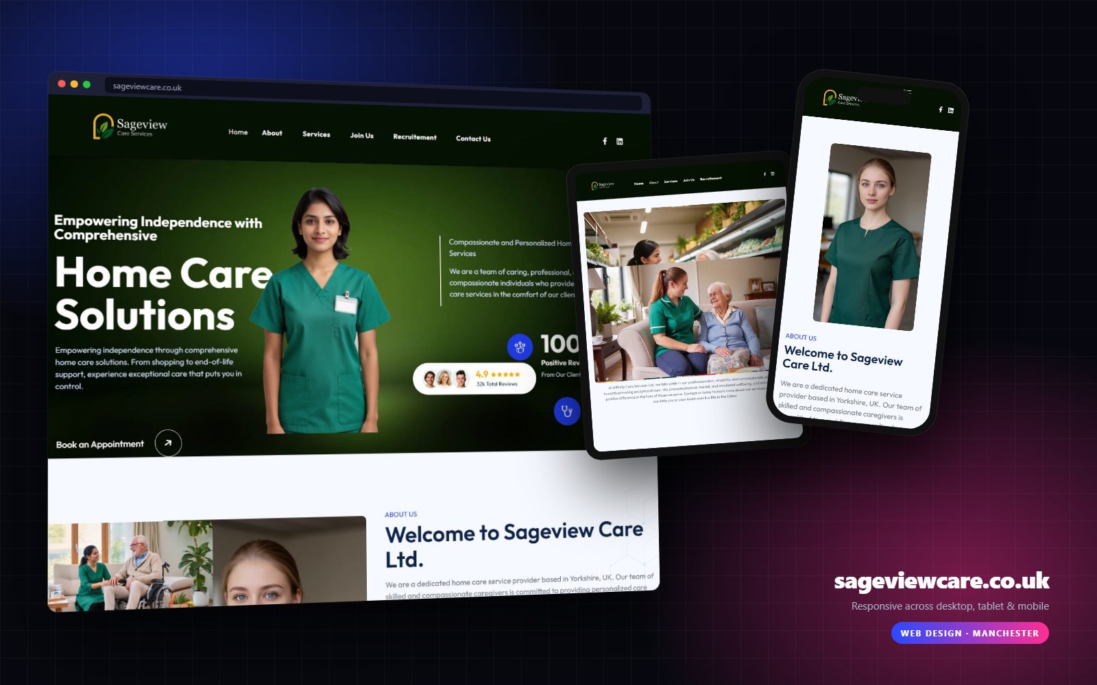 sageviewcare.co.uk shown on desktop, tablet and mobile