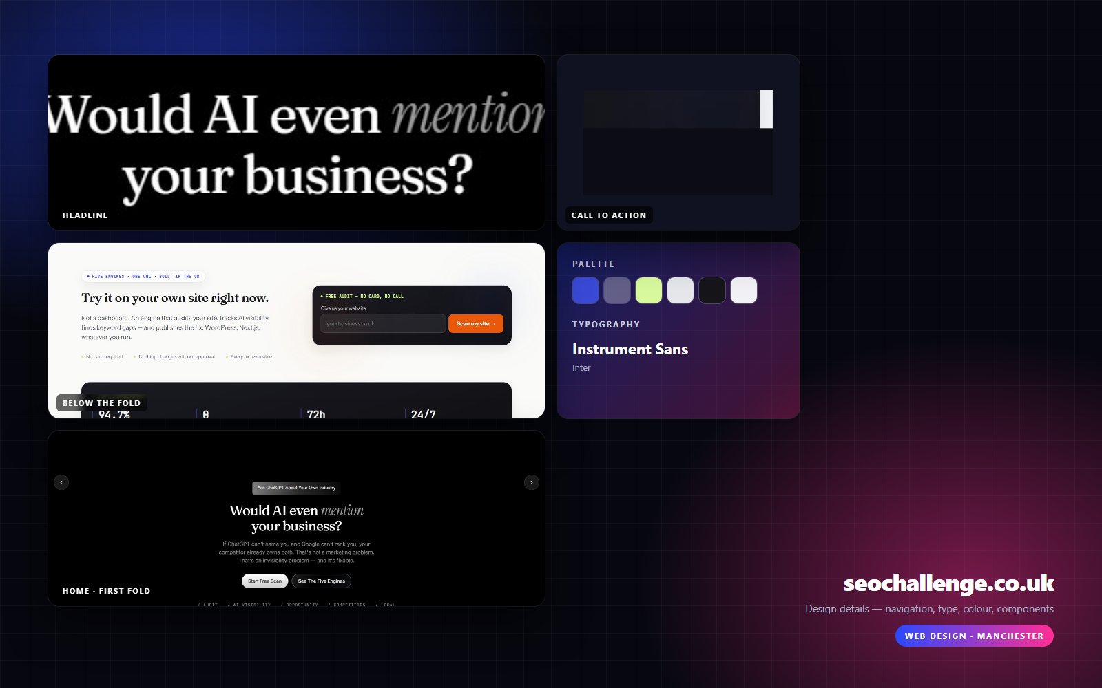 Design details from seochallenge.co.uk — navigation, headline, buttons, palette