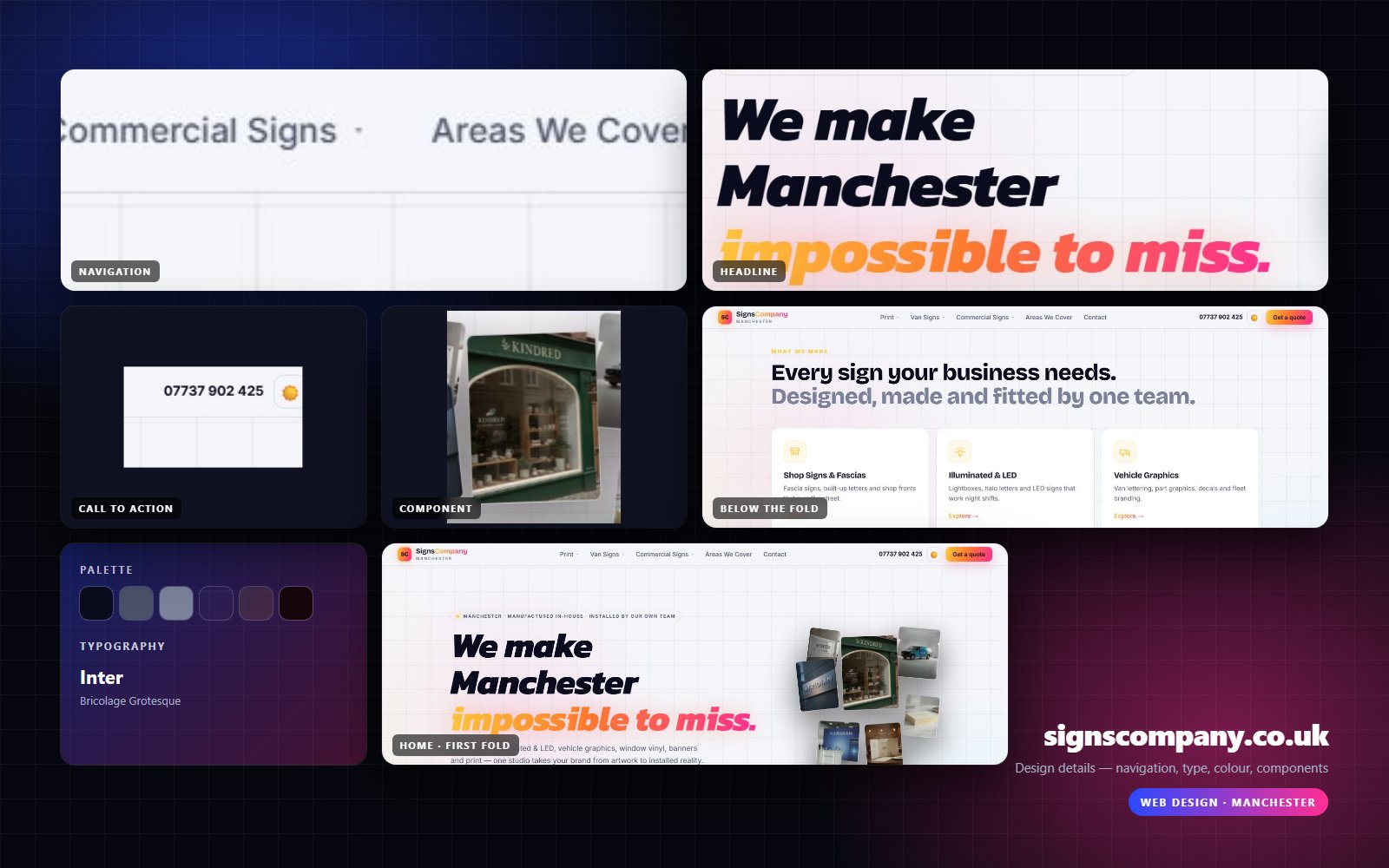 Design details from signscompany.co.uk — navigation, headline, buttons, palette