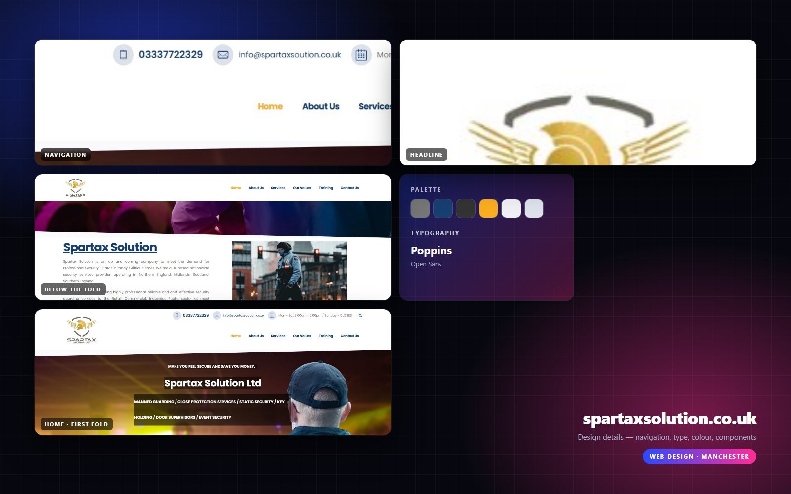 Design details from spartaxsolution.co.uk — navigation, headline, buttons, palette