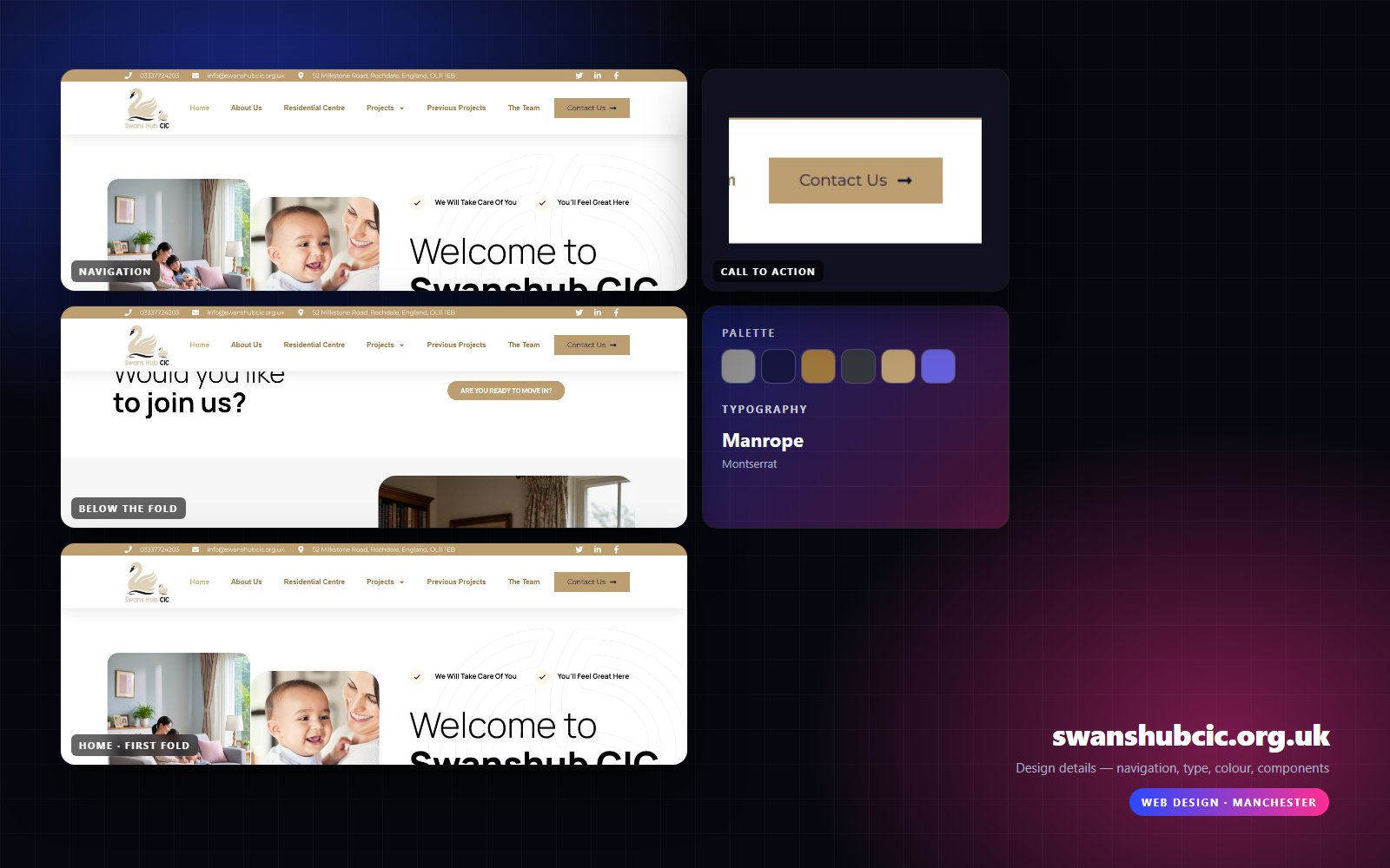 Design details from swanshubcic.org.uk — navigation, headline, buttons, palette