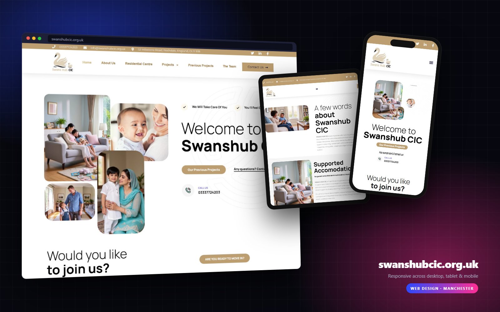 swanshubcic.org.uk shown on desktop, tablet and mobile
