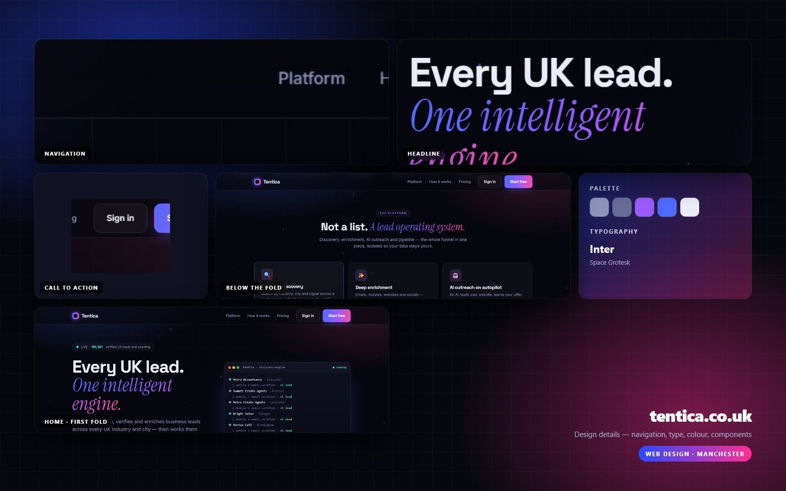 Design details from tentica.co.uk — navigation, headline, buttons, palette