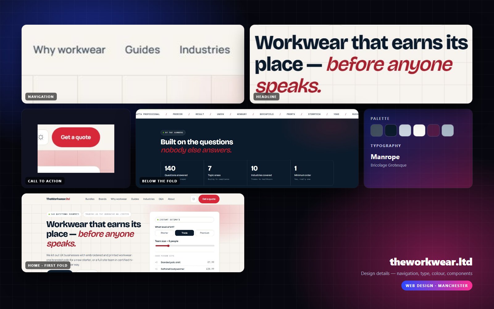 Design details from theworkwear.ltd — navigation, headline, buttons, palette