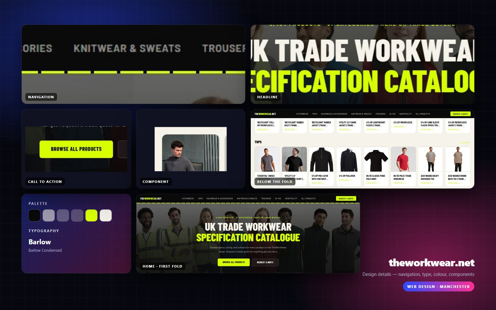 Design details from theworkwear.net — navigation, headline, buttons, palette