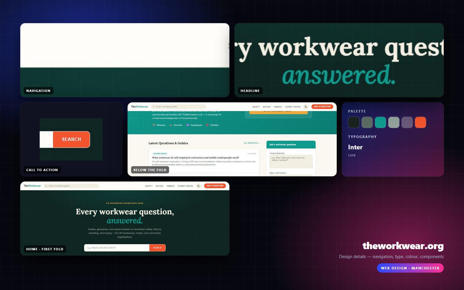 Design details from theworkwear.org — navigation, headline, buttons, palette