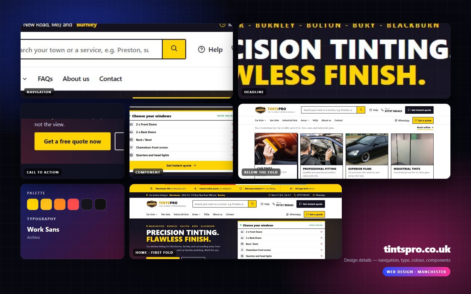 Design details from tintspro.co.uk — navigation, headline, buttons, palette