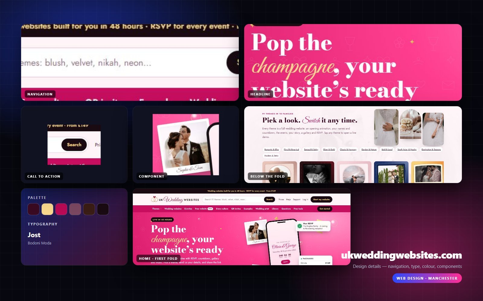 Design details from ukweddingwebsites.com — navigation, headline, buttons, palette