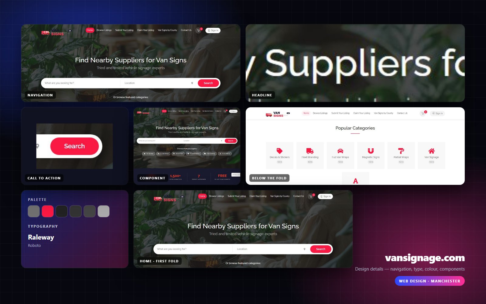 Design details from vansignage.com — navigation, headline, buttons, palette