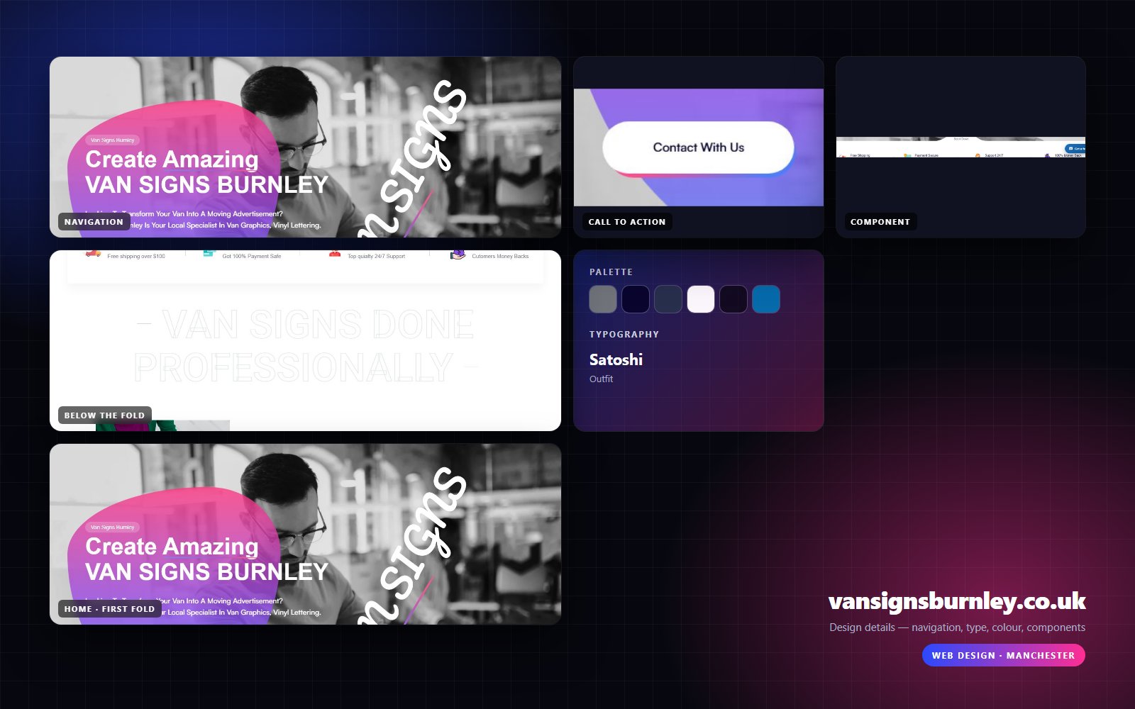 Design details from vansignsburnley.co.uk — navigation, headline, buttons, palette
