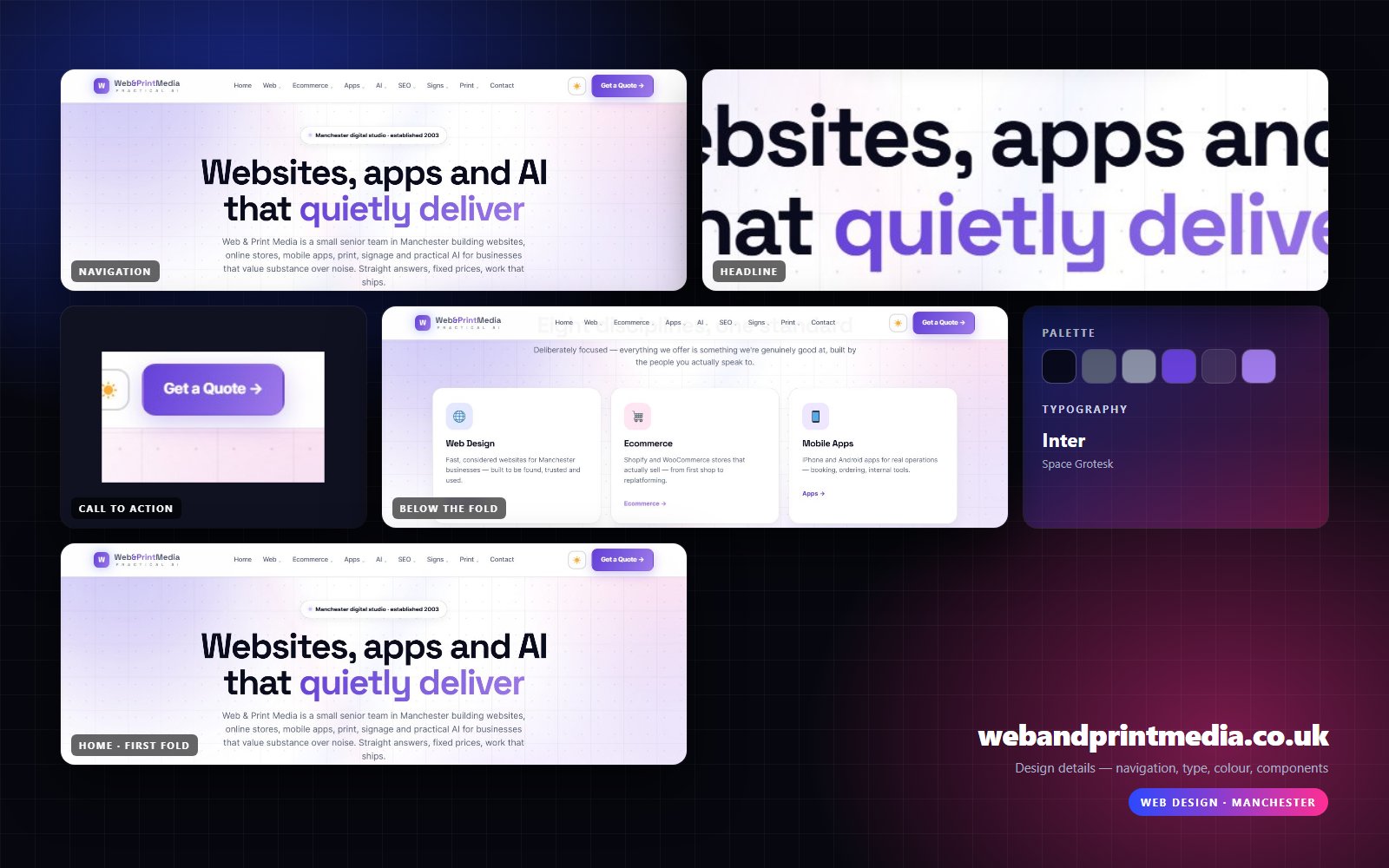Design details from webandprintmedia.co.uk — navigation, headline, buttons, palette