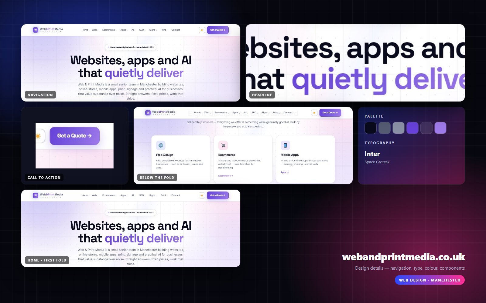 Design details from webandprintmedia.co.uk — navigation, headline, buttons, palette