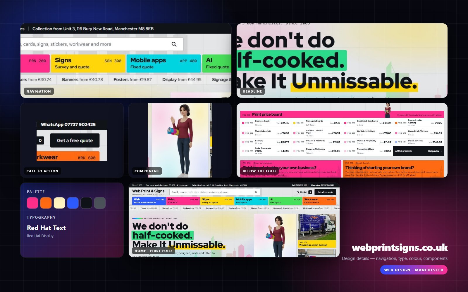 Design details from webprintsigns.co.uk — navigation, headline, buttons, palette