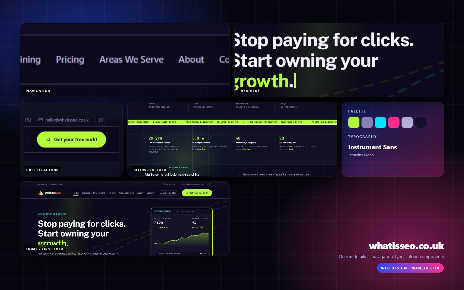 Design details from whatisseo.co.uk — navigation, headline, buttons, palette
