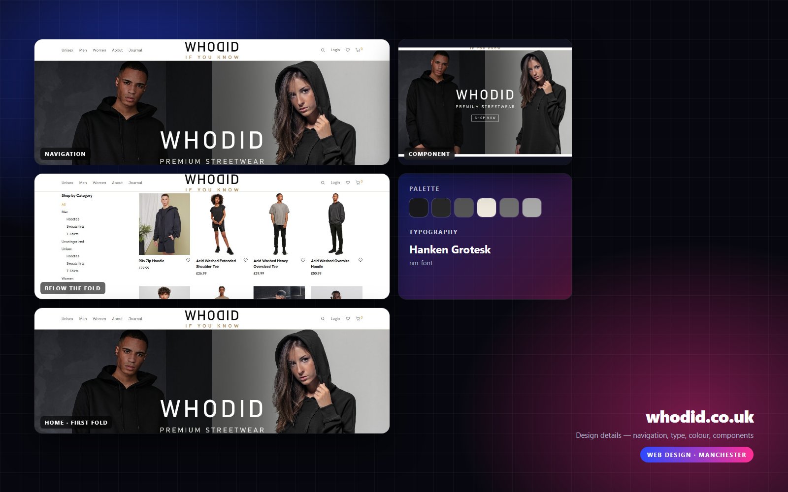 Design details from whodid.co.uk — navigation, headline, buttons, palette
