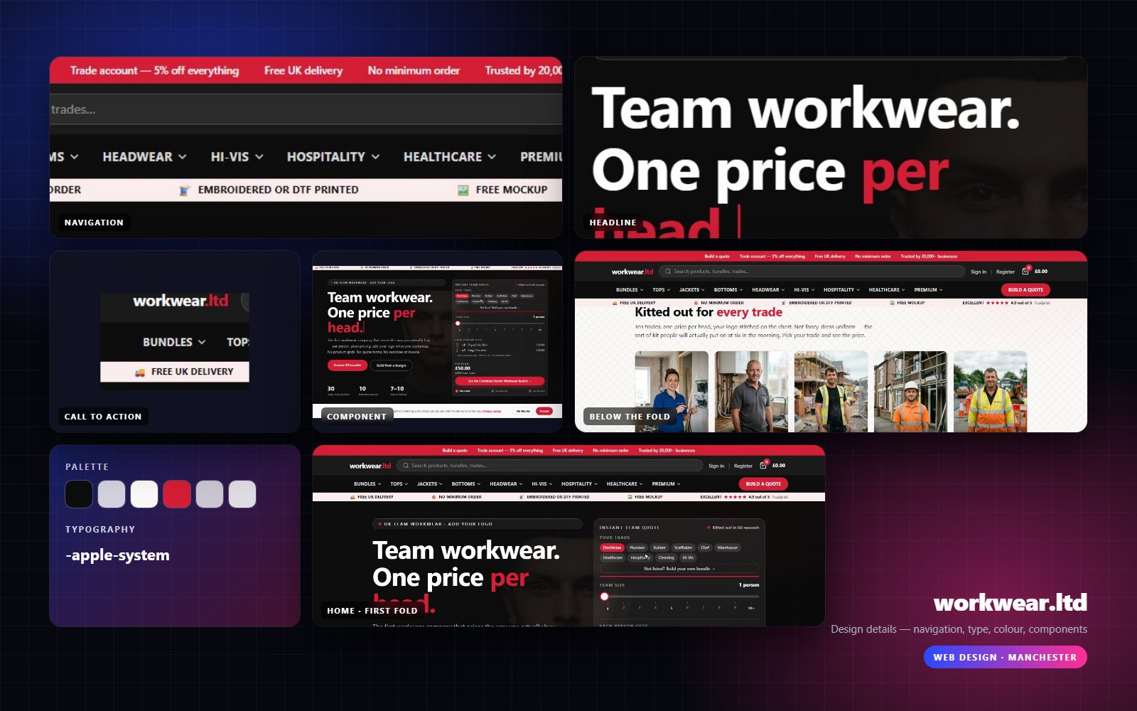 Design details from workwear.ltd — navigation, headline, buttons, palette