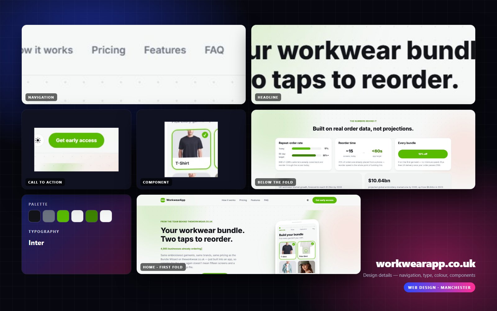 Design details from workwearapp.co.uk — navigation, headline, buttons, palette