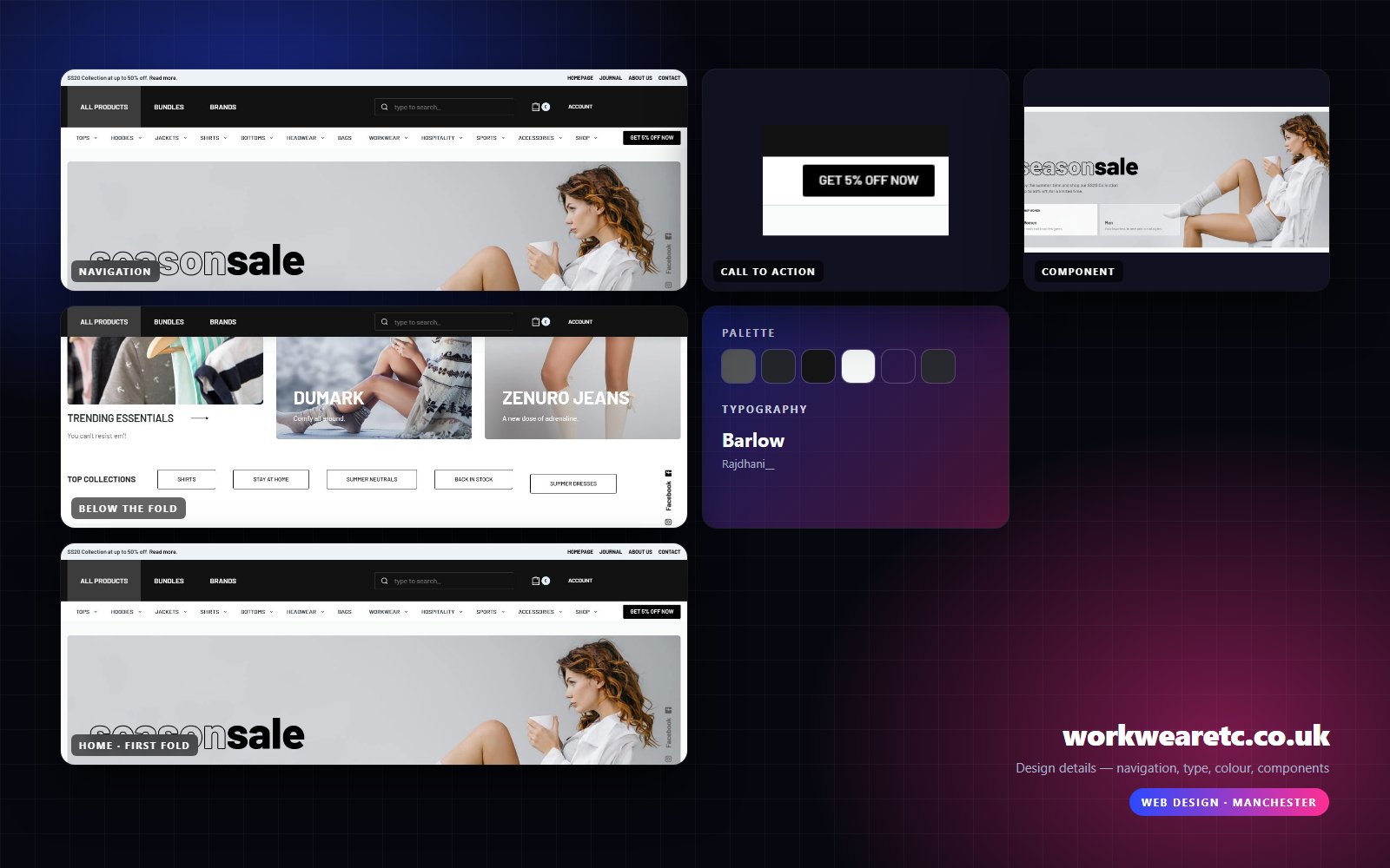 Design details from workwearetc.co.uk — navigation, headline, buttons, palette