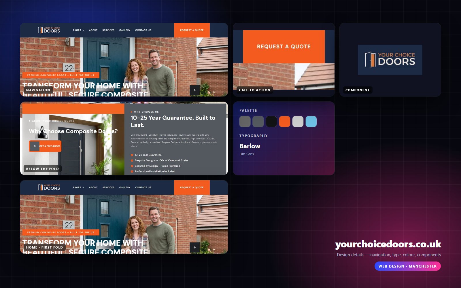 Design details from yourchoicedoors.co.uk — navigation, headline, buttons, palette