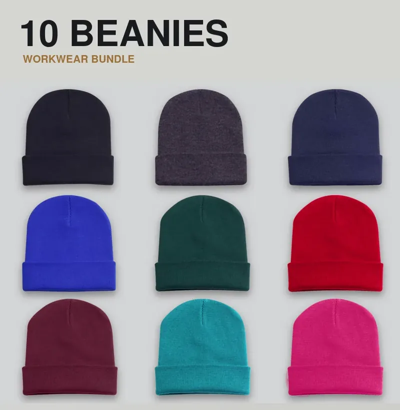 10 branded beanies: the garments in this kit, each carrying a logo