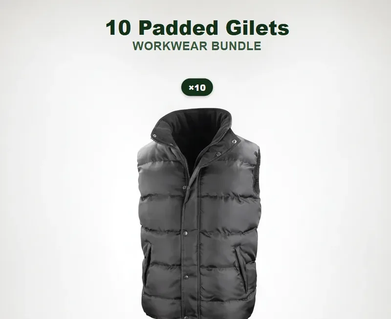 10 branded padded gilets: the garments in this kit, each carrying a logo