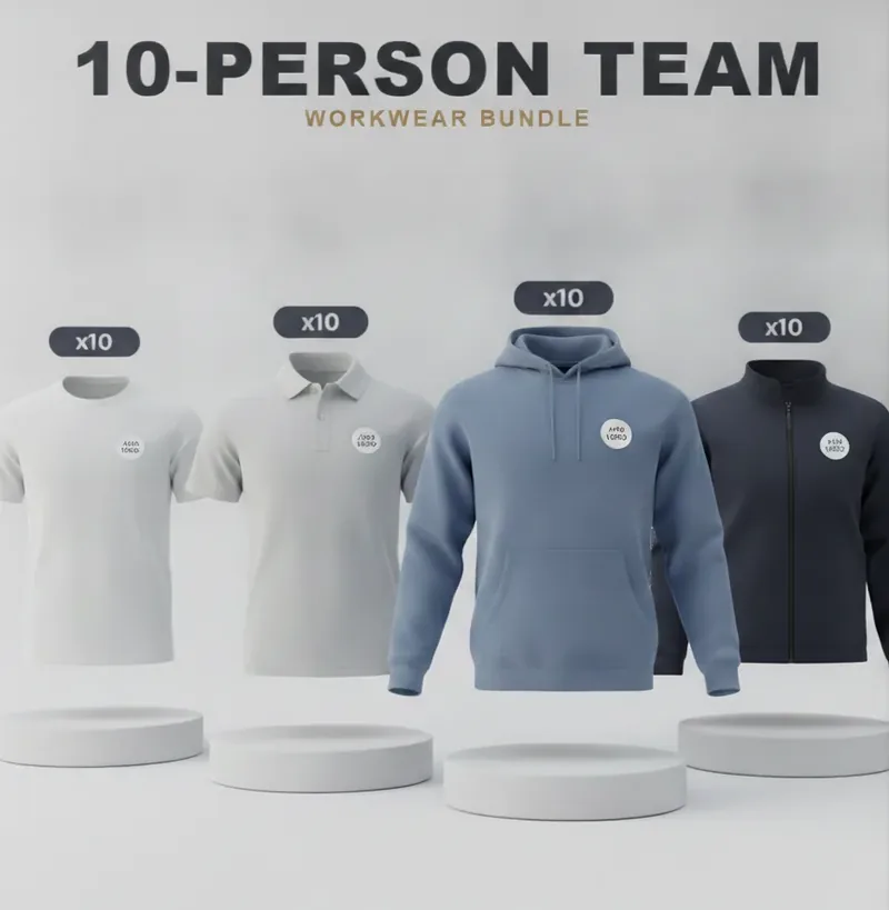 10-person team kit, every garment carrying a logo