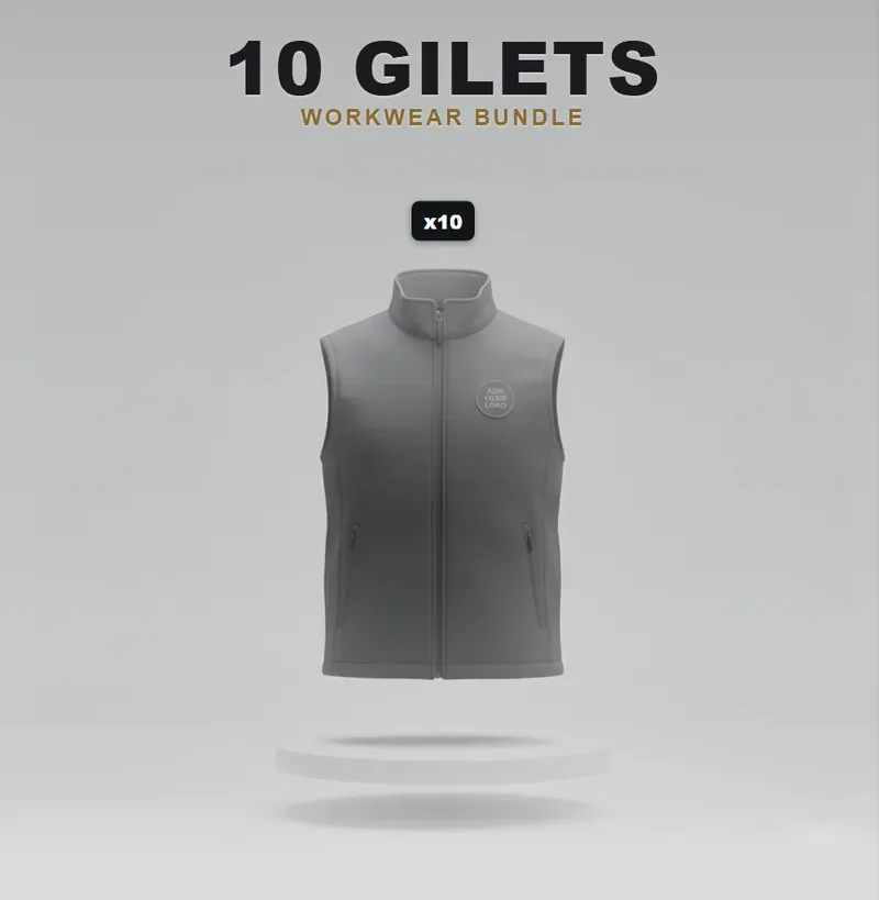 10 branded softshell jackets or gilets: the garments in this kit, each carrying a logo