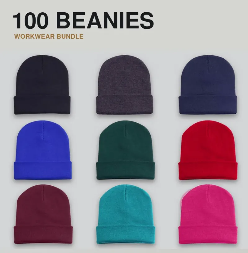 100 branded beanies: the garments in this kit, each carrying a logo
