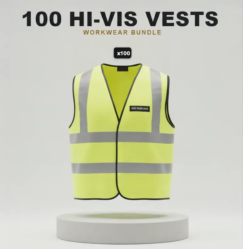 100 branded hi-vis vests: the garments in this kit, each carrying a logo